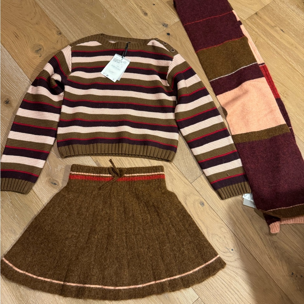 Zara girls size 11/12 striped brown and pink sweater and skirt set